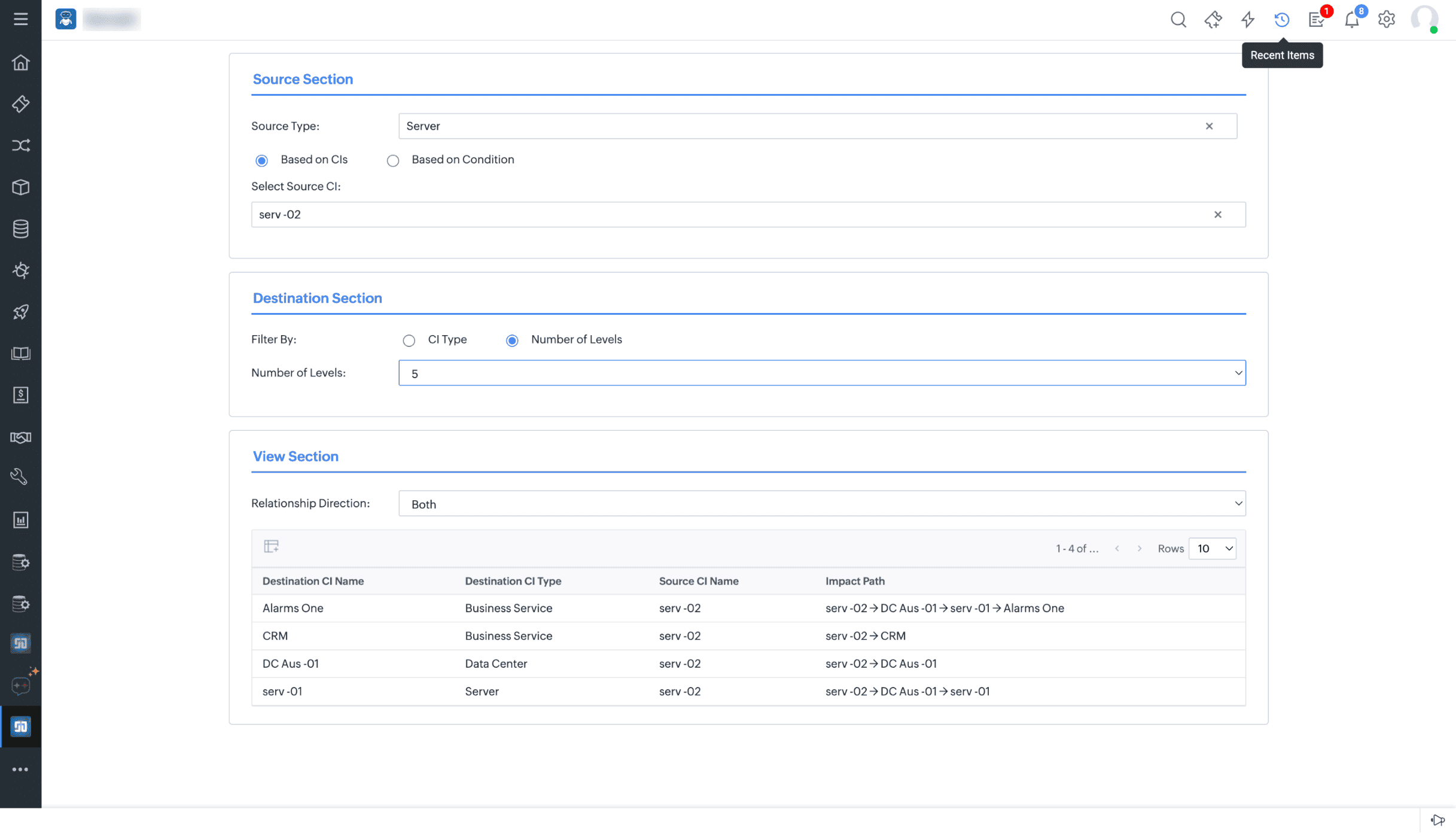 The CI Impact Analysis widget mapping downstream dependencies before a change CI Impact Analysis widget in ServiceDesk Plus CMDB mapping configuration item dependencies