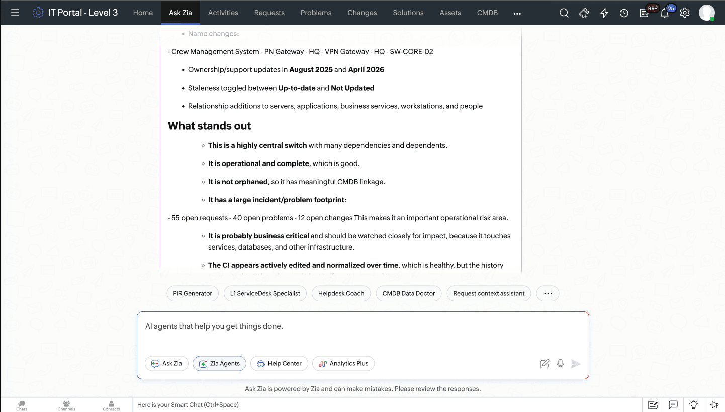 The CMDB Data Doctor Agent responding with a CI health diagnosis CMDB Data Doctor Agent response with CI health diagnosis in ServiceDesk Plus