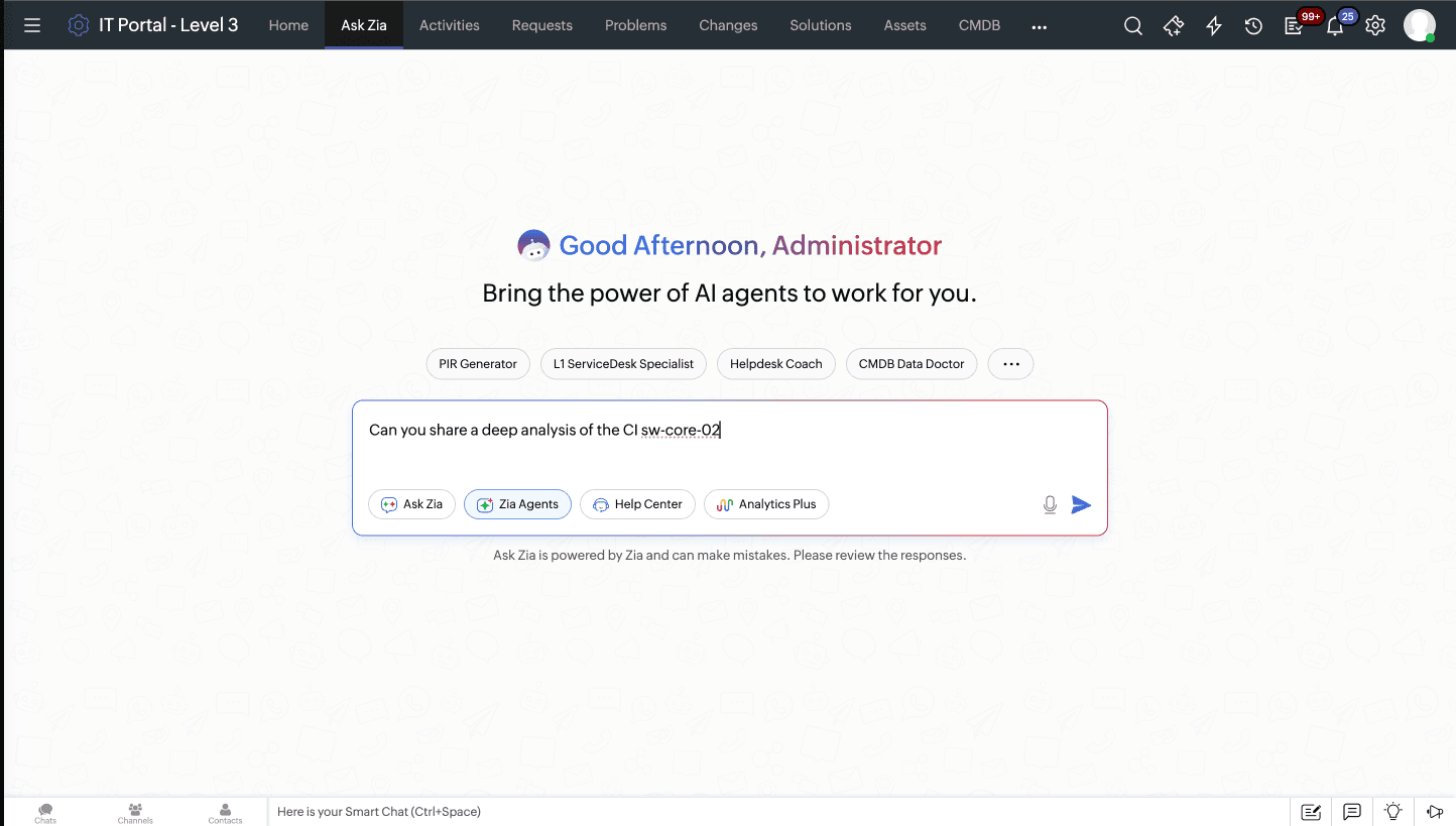 A user querying the CMDB Data Doctor Agent for CI health information User submitting a CMDB health query to the Data Doctor Agent in ServiceDesk Plus