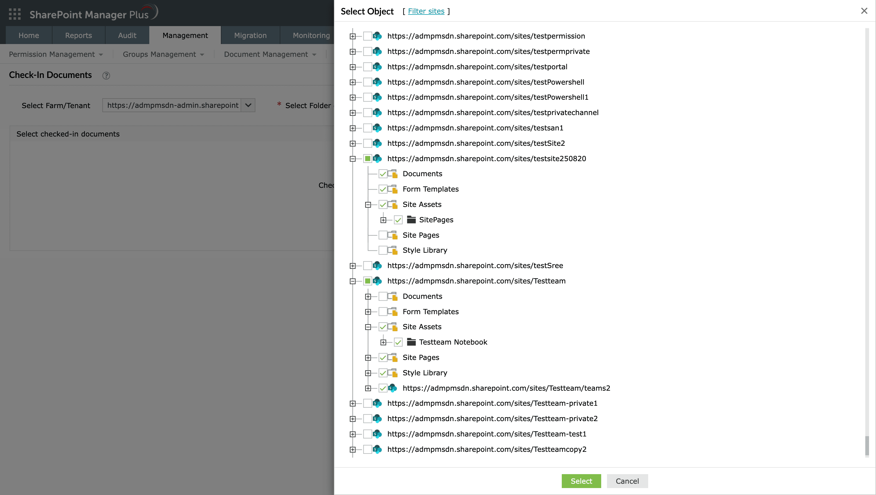 Select multiple folders and files to check in using SharePoint Manager Plus.