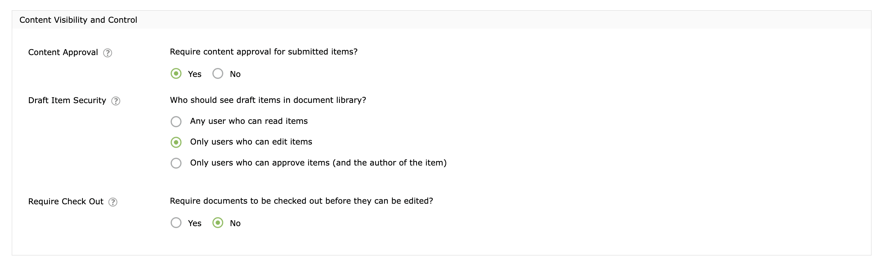 Configuring content approval and draft item security in SharePoint Manager Plus.