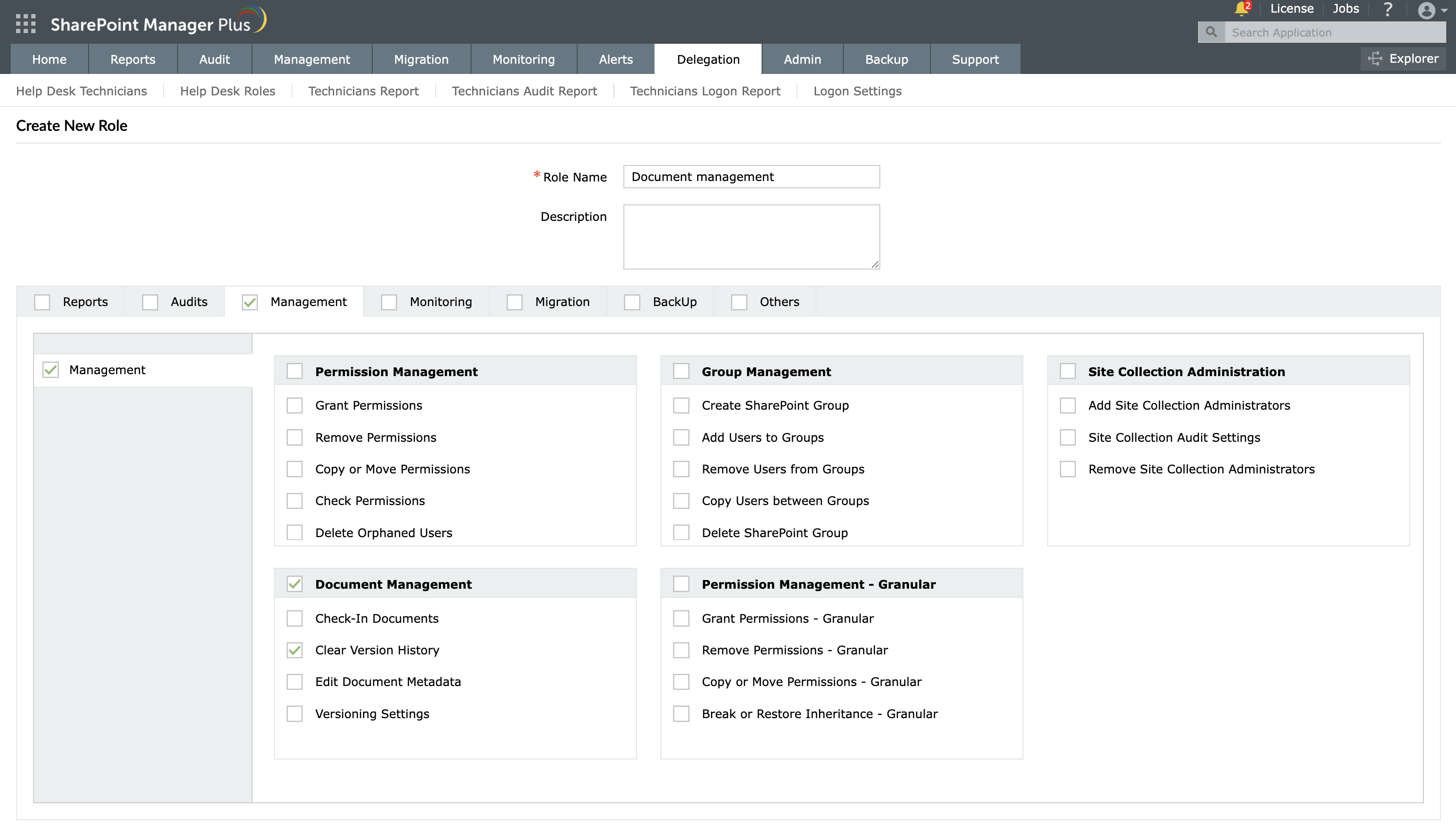 Delegating a version cleanup task in SharePoint Manager Plus.