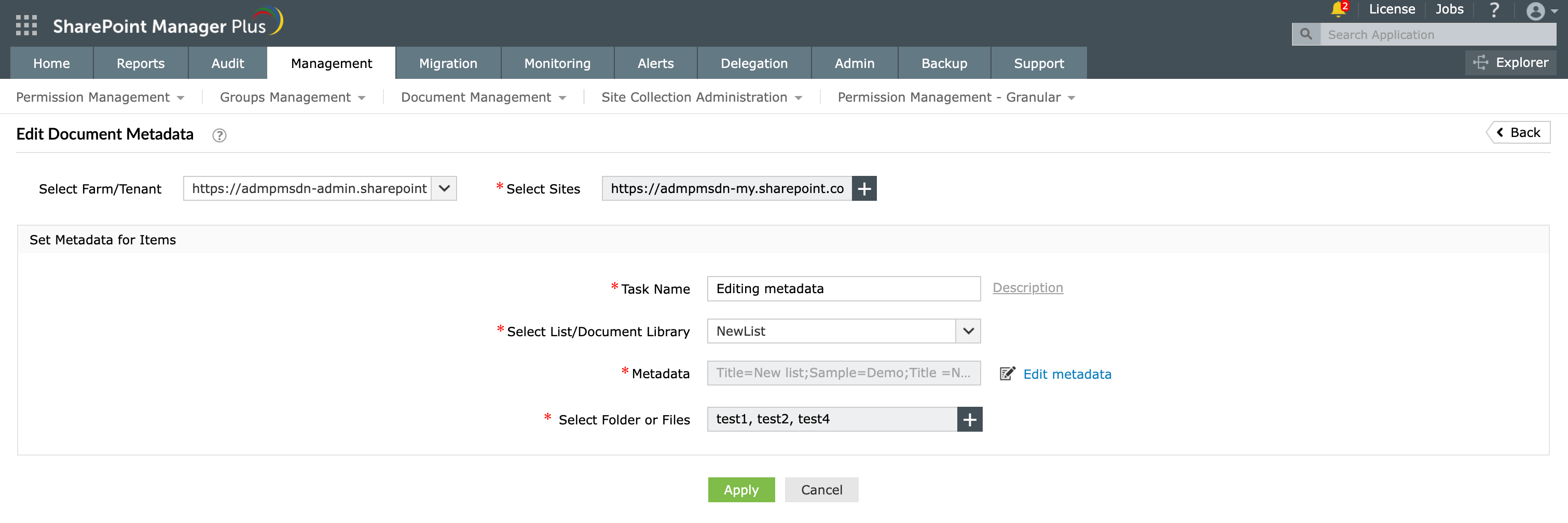 Selecting the site and library for a metadata task in SharePoint Manager Plus.