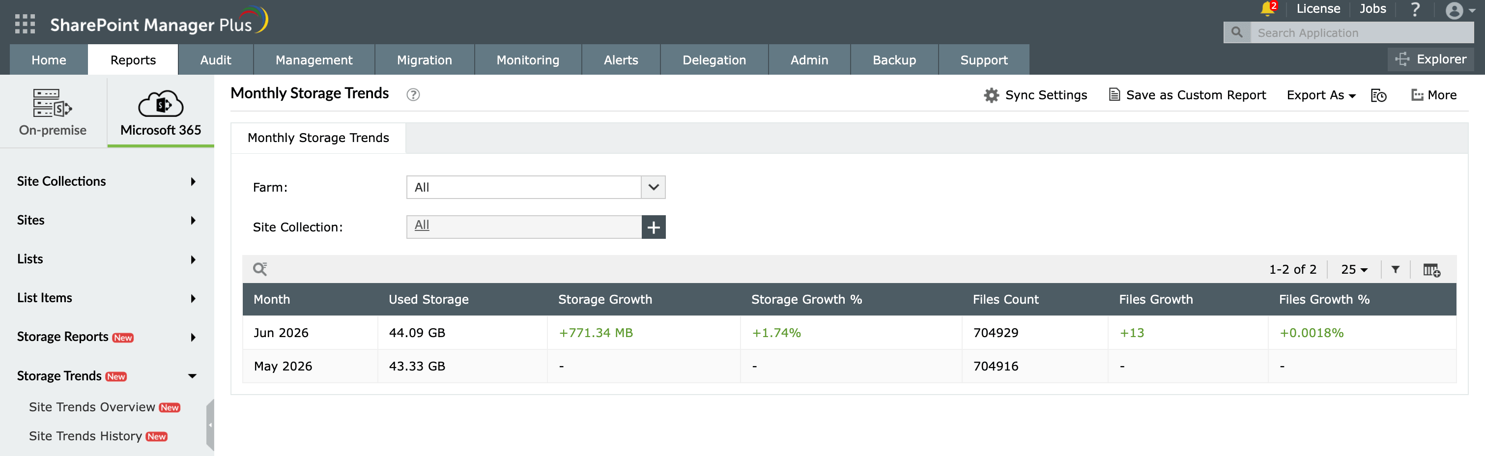 The Monthly Storage Trends report in SharePoint Manager Plus.