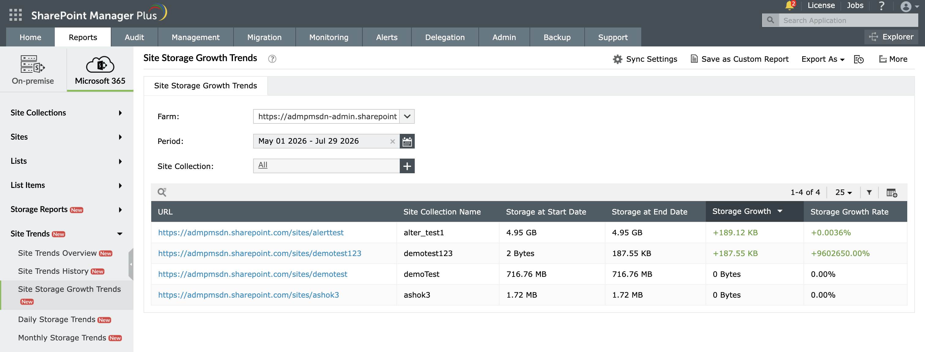 The Site Storage Growth Trends report in SharePoint Manager Plus.