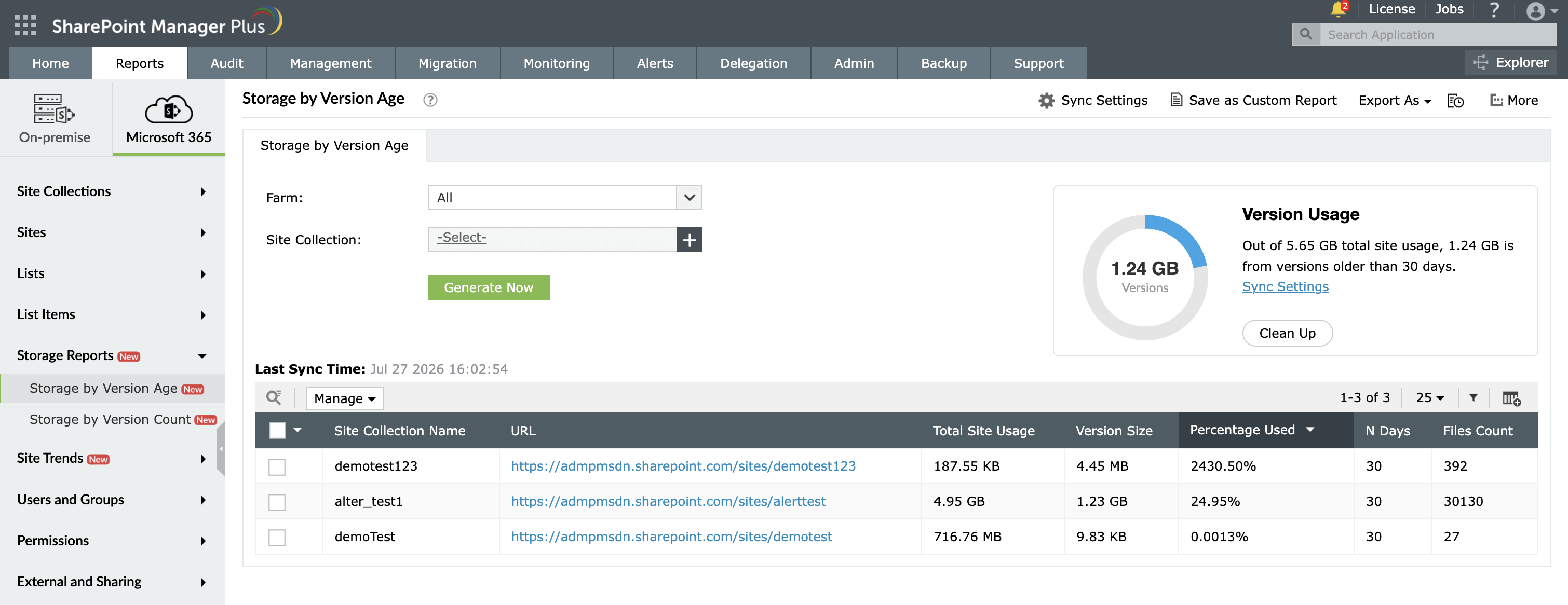 The Storage by Version Age report in SharePoint Manager Plus.